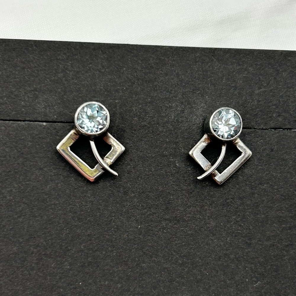 Sterling Silver 925 Handcrafted Stud Earrings with Lt. Blue Crystal Geometric